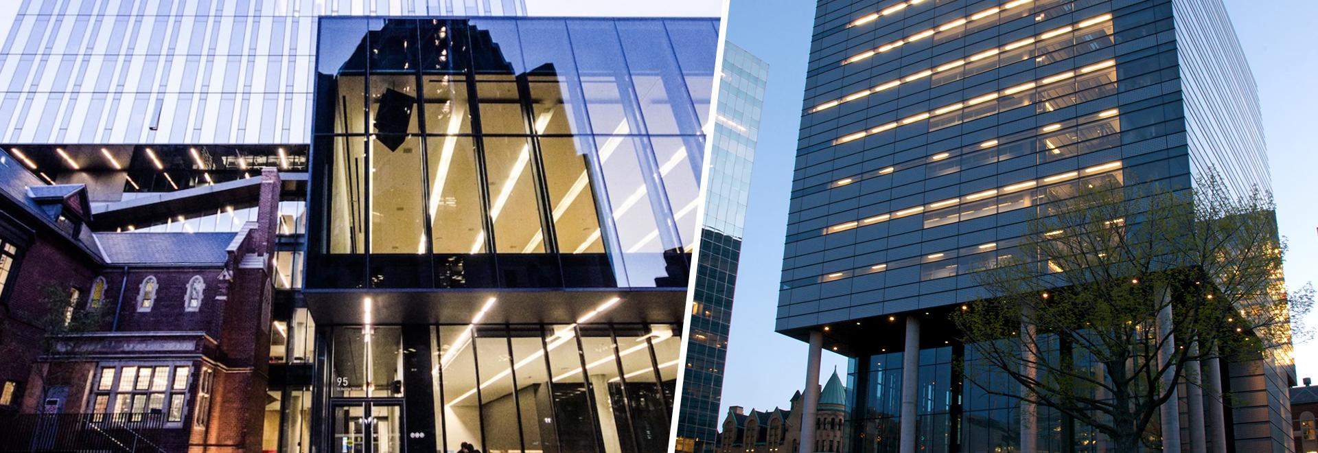 Photo of the Rotman School of Management next to a photo of the Leslie Dan Faculty of Pharmacy