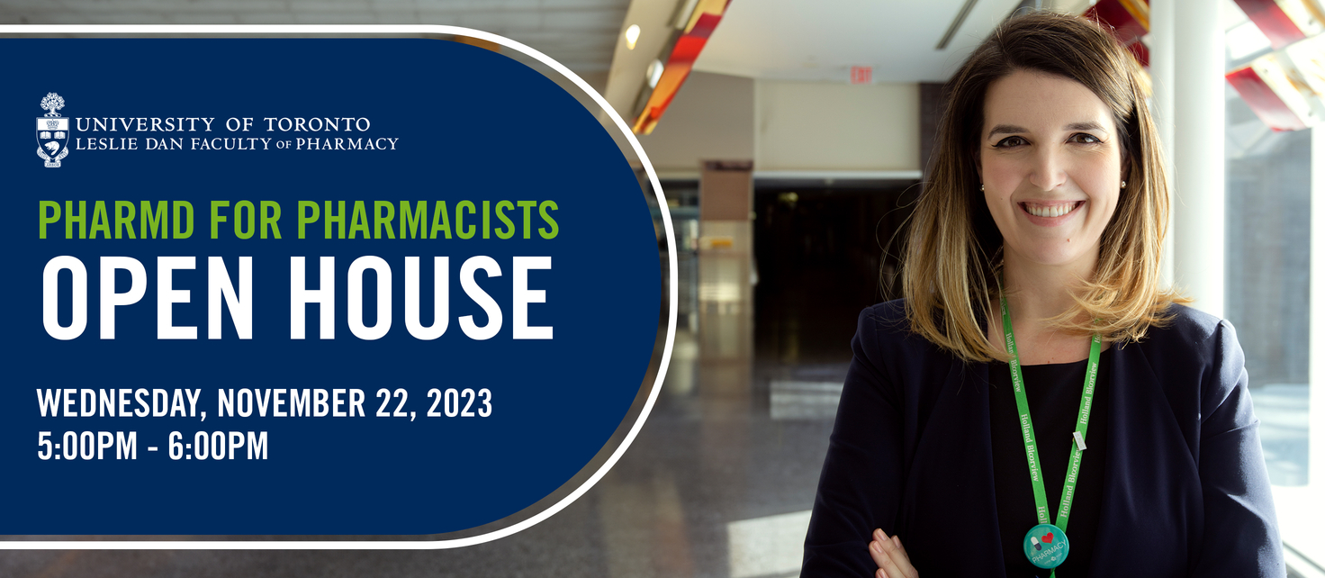 PharmD for Pharmacists Open House Graphic with Female Pharmacist Image