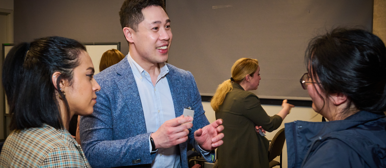 Three registrants in discussion from Pharmacy Changemakers May 15 event