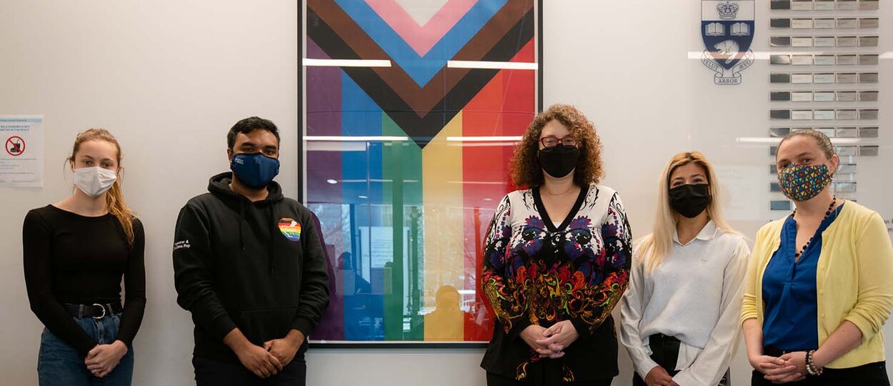 Members of PharmaPride student group alongside Dean Lisa Dolovich and Tara Snyder in front of inclusion pride flag