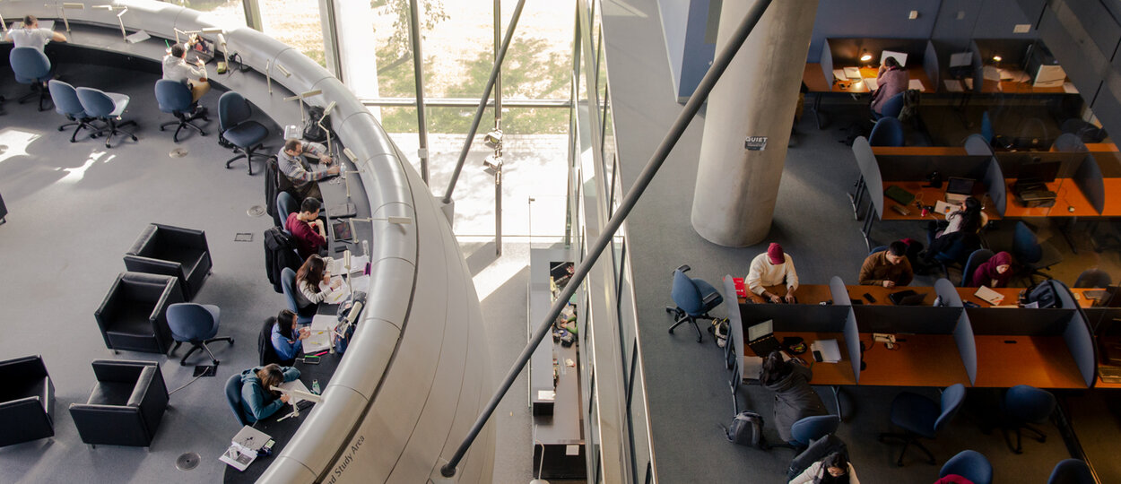 Birds eye view photo of students studying at the Leslie Dan Faculty of Pharmacy