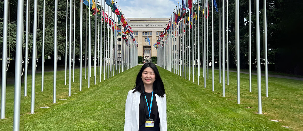 PharmD alum Yifan Zhou at the World Health Forum in Geneva
