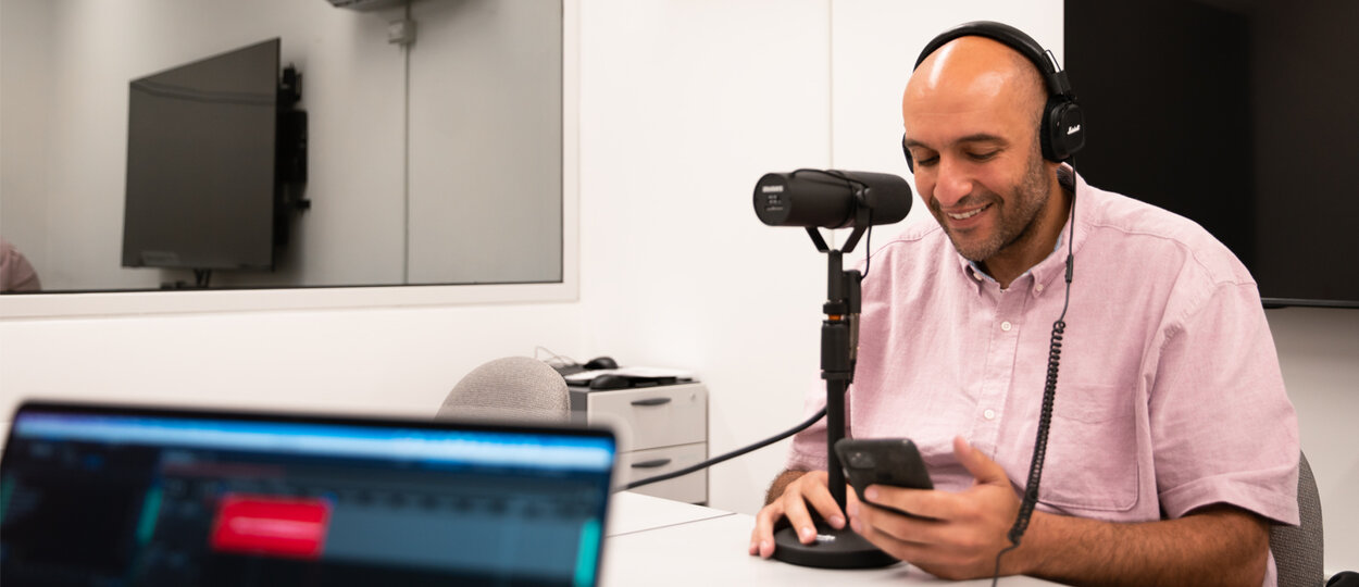 Assistant Professor Mina Tadrous recording a podcast