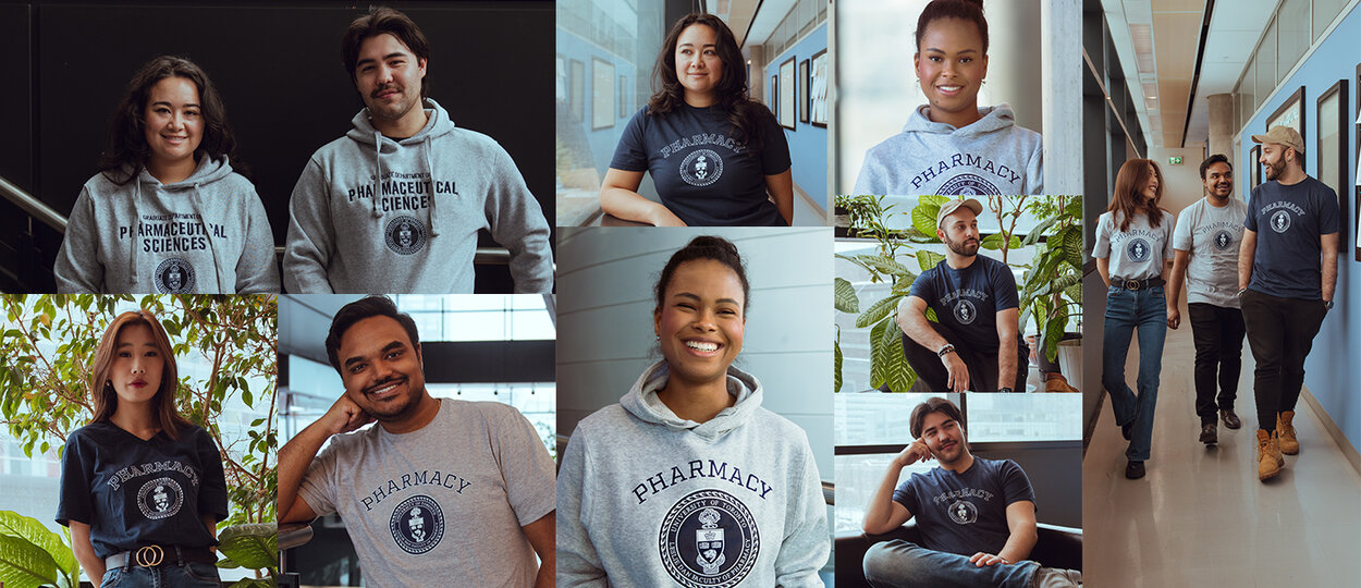 Collage of students wearing Leslie Dan Faculty of Pharmacy sweaters and t-shirts