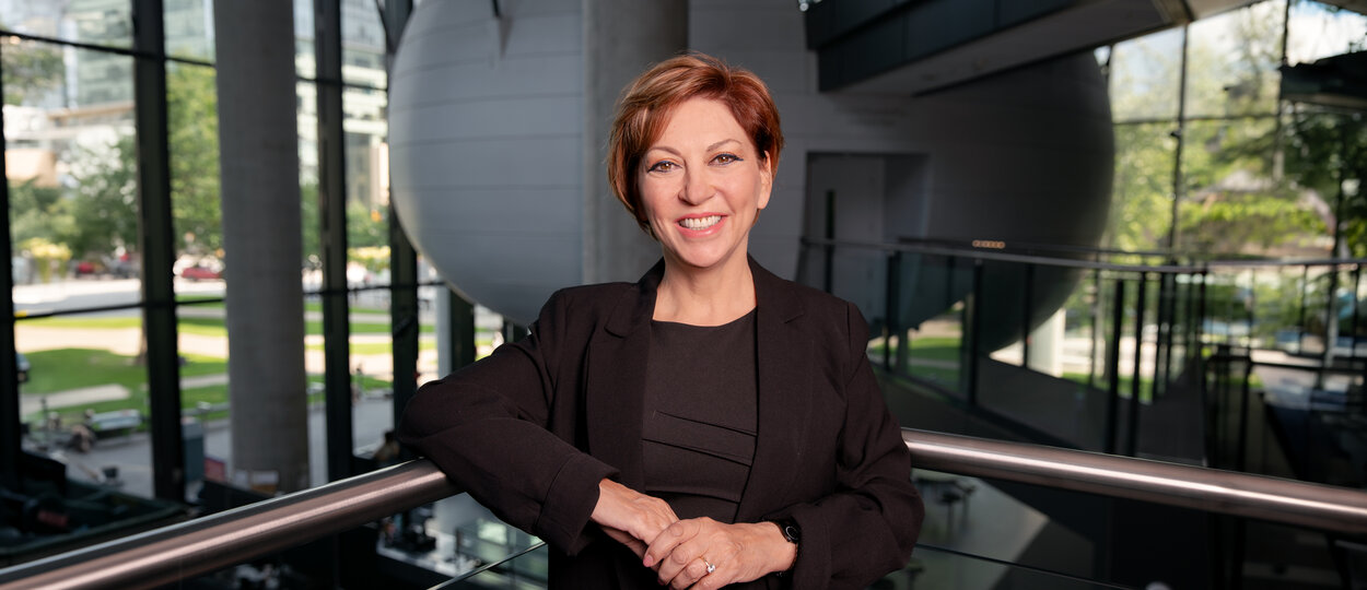 Portrait of Dean Micheline Piquette Miller inside Leslie Dan Faculty of Pharmacy