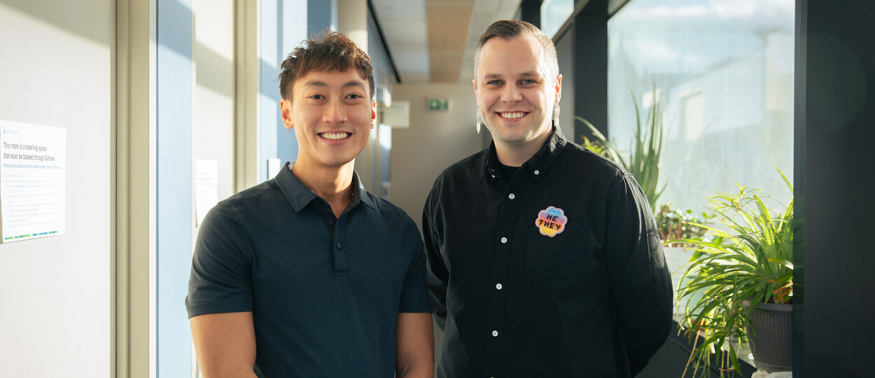 Portrait of pharmacist and masters student Timothy Lim and Assistant Professor Jaris Swidrovich