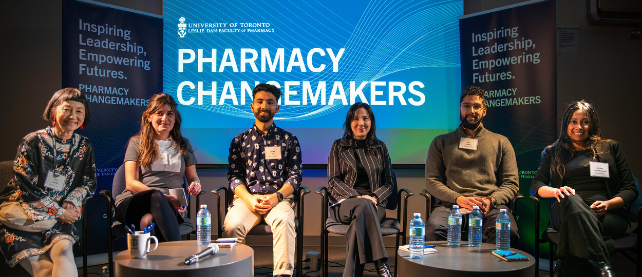 Photo of six panelist for Pharmacy Changemakers Event with Pharmacy Changemakers logo behind them