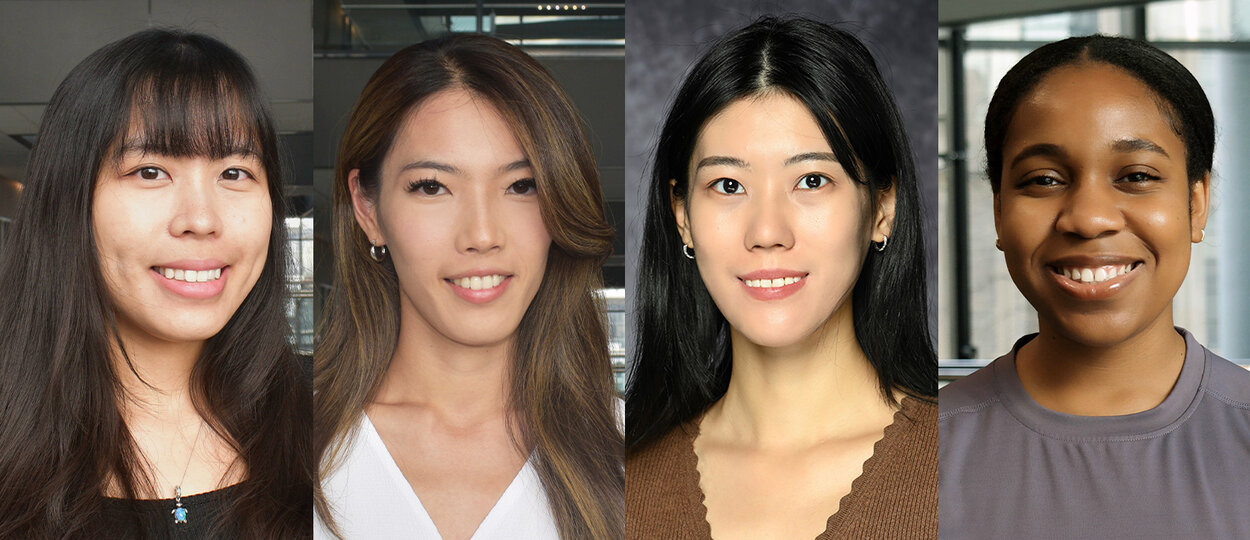 U of T Student Leadership Award 2024 Recipients, (L-R) Tiffany Ho, PhD candidate, Department of Pharmaceutical Sciences; Misaki Kondo, PhD candidate, Department of Pharmaceutical Sciences; Pei Zhi, PhD candidate, Department of Pharmaceutical Sciences; Theodora Udounwa, Doctor of Pharmacy (PharmD)