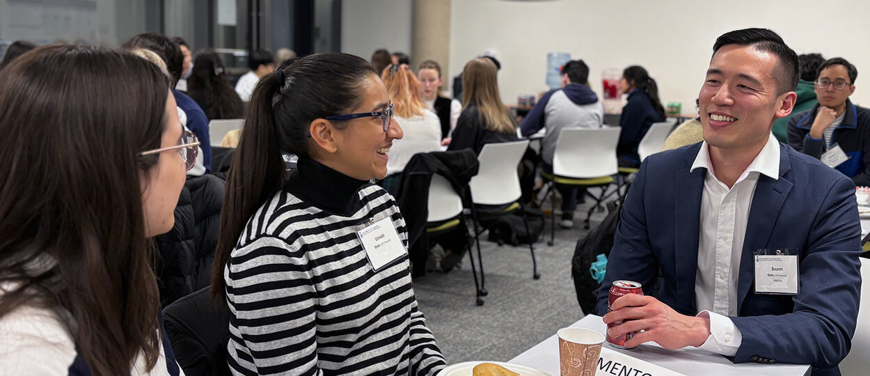 Seann Seto (right) with student mentees at PharmaSEE Mentorship Speed Networking event
