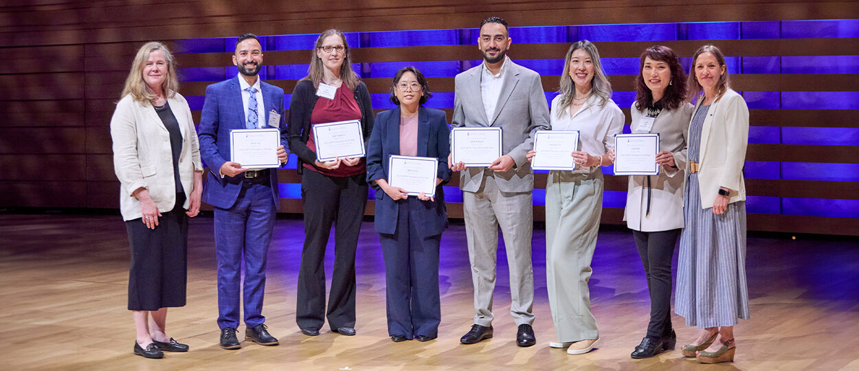 Alison Thompson, Acting Associate Dean, Academic, with APPE Preceptors Rohit Lal, Gail Hopkins, Melissa Lo, Tarek Habash, Amanda Gin, and Julie Yeh, with Marcia McLean, Assistant Professor – Teaching Stream and Academic Lead, Experiential Education