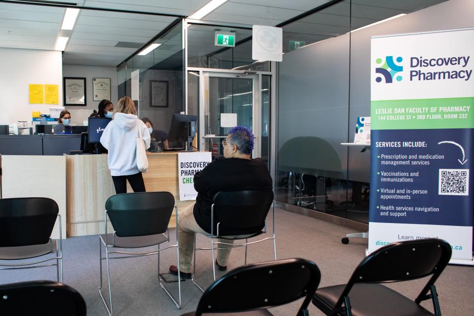 Patients waiting in Discovery Pharmacy at the Leslie Dan Faculty of Pharmacy