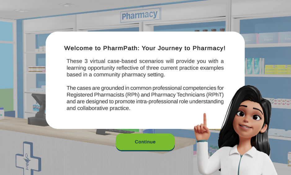 PharmPath virtual simulation opening screen with animated pharmacist smiling