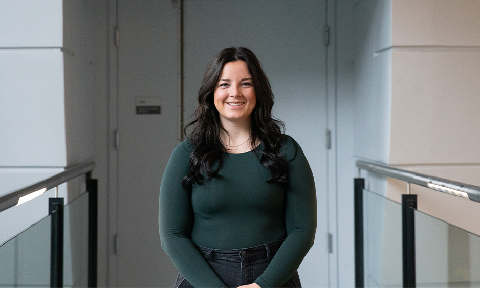 Stephanie Borlase in front of pod in Leslie Dan Faculty in Pharmacy