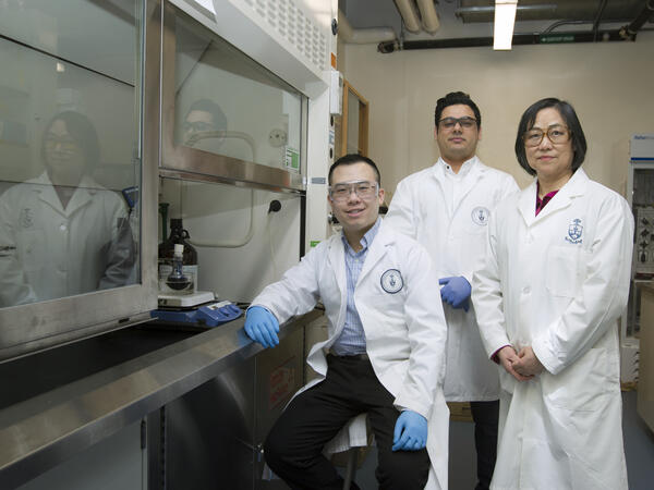 Photo of Brian Lu, Amin Ghavami Nejad, Shirley Wu in lab