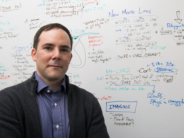 Portrait of Assistant Professor Rob Bonin in front of his whiteboard