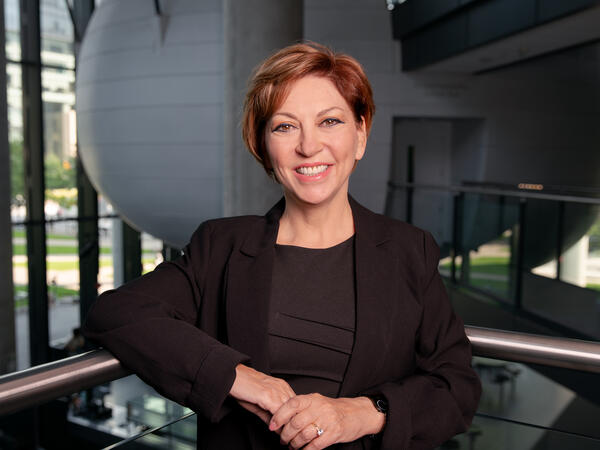 Portrait of Dean Micheline Piquette Miller inside Leslie Dan Faculty of Pharmacy