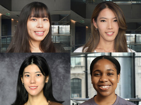 U of T Student Leadership Award 2024 Recipients, Top left: Tiffany Ho, PhD candidate, Department of Pharmaceutical Sciences; Misaki Kondo, PhD candidate, Department of Pharmaceutical Sciences; Bottom left: Pei Zhi, PhD candidate, Department of Pharmaceutical Sciences; Theodora Udounwa, Doctor of Pharmacy (PharmD)