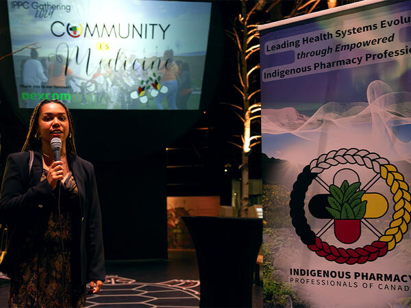 Tyiesha Wright, a second-year PharmD student at the Leslie Dan Faculty of Pharmacy speaking at the Community is Medicine event at the Wendake urban reserve near Quebec City.