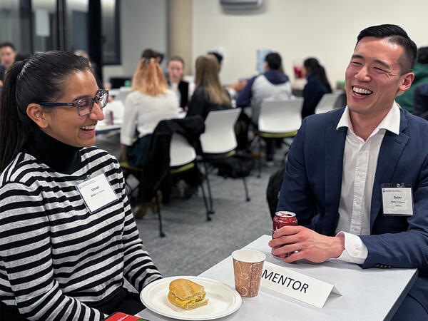 Seann Seto (right) with student mentee at PharmaSEE Mentorship Speed Networking event