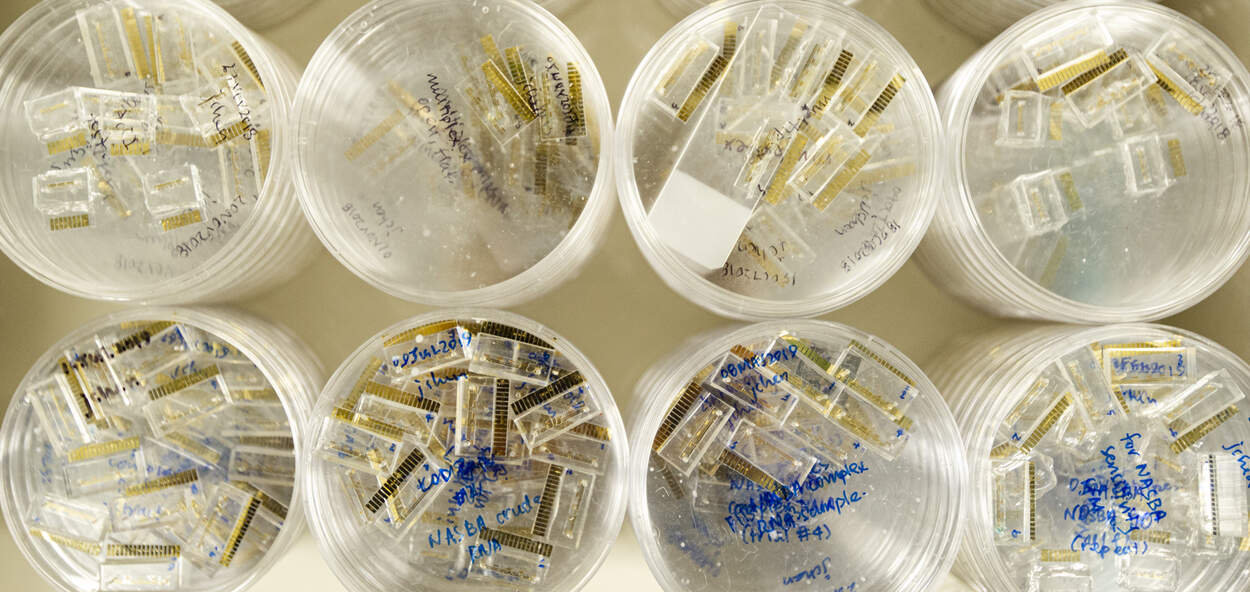 Drug Discover and Disease Diagnostics Banner Stored microchips used for disease diagnostics