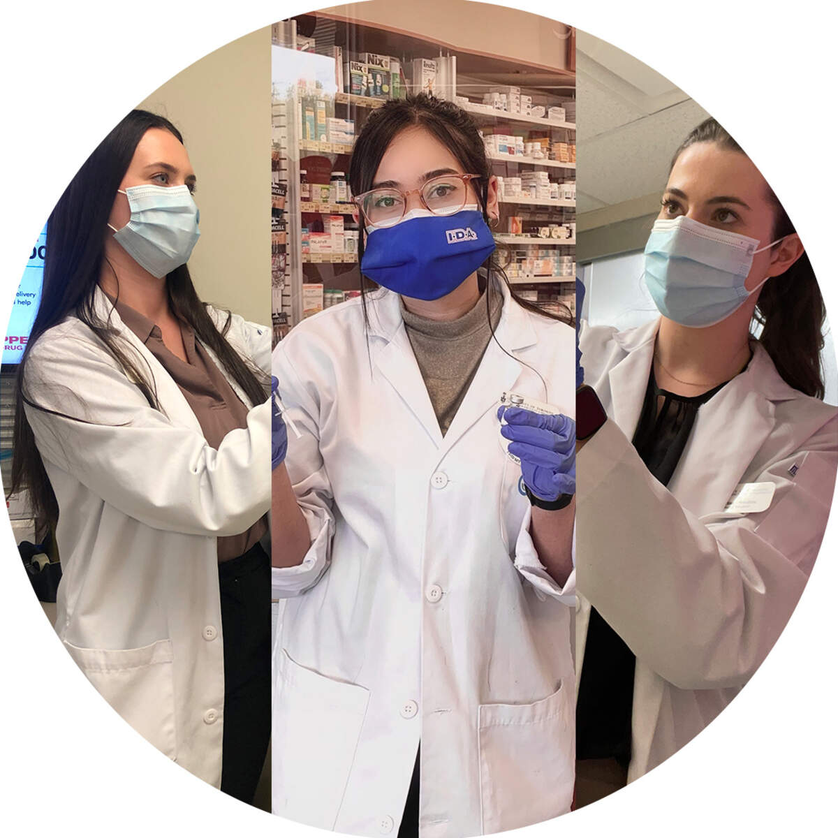 Photos of PharmD students Kari Griffore, Hazra Choudrey, Katarina Pessina